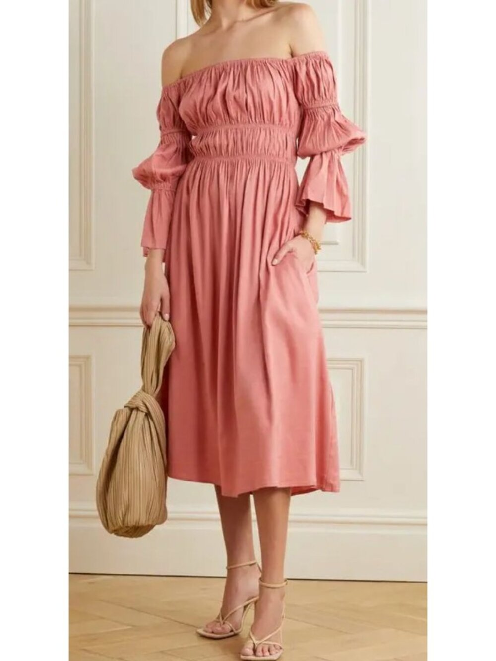 Cult Gaia Stella Off-The-Shoulder Ruched Linen-Blend Midi Dress-sz Small